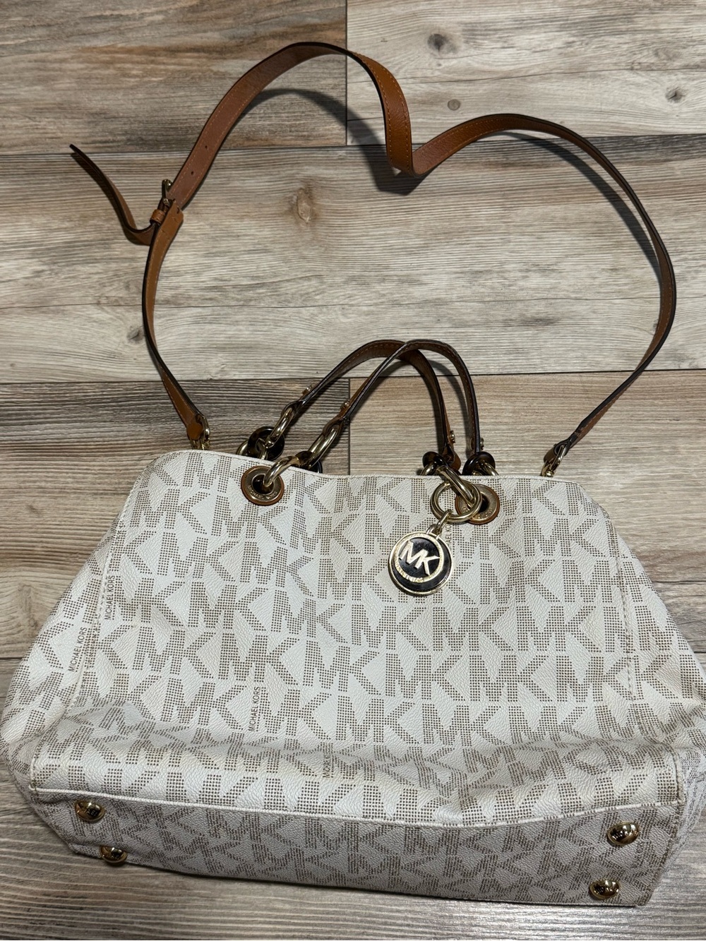 Michael Kors Cream Signature MK Satchel with Tan Straps and Gold Hardware